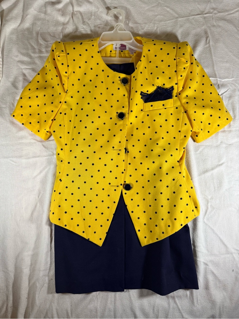 Vintage Sheridan Square Yellow Polka Blazer and Matching Long Navy Skirt Set